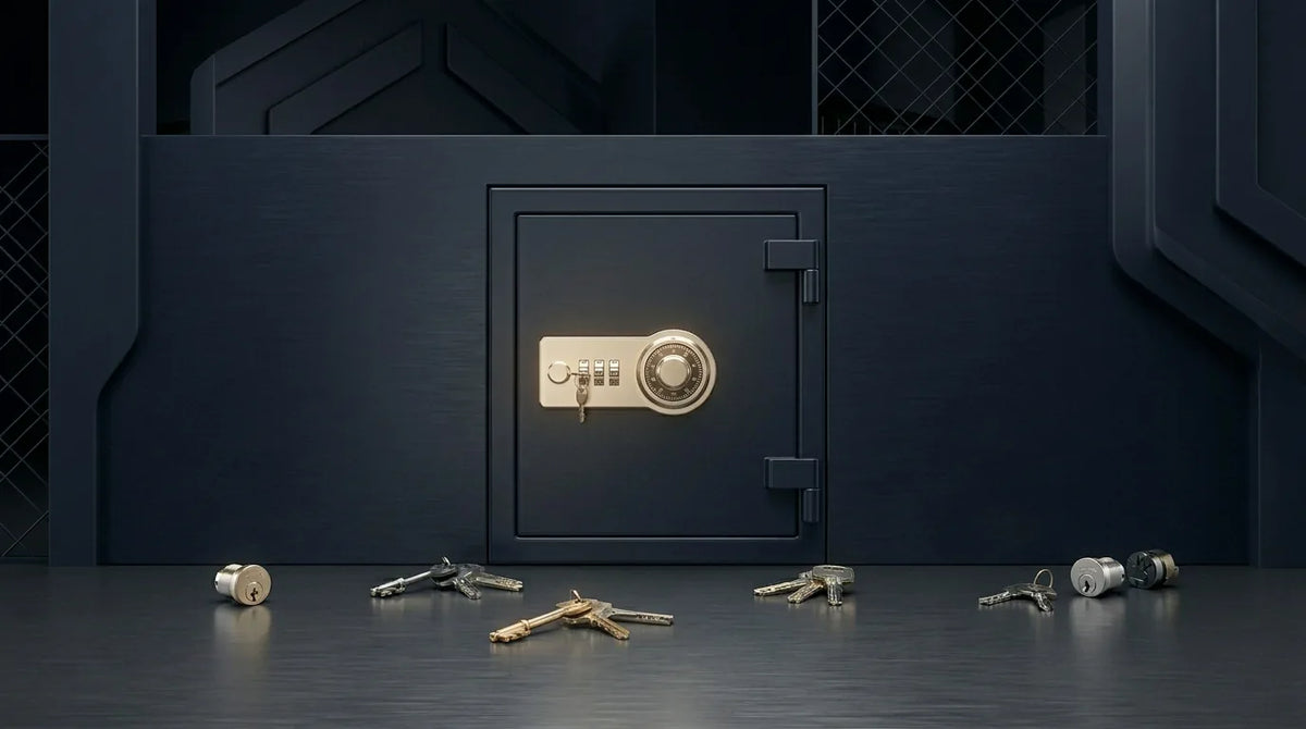 Caja fuerte empotrable instalada en pared con llaves