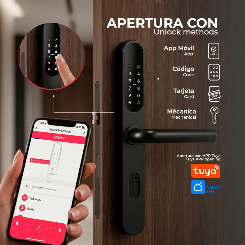 Cerradura Inteligente Atlas Multimetodo BTV Blanco Huella Dactilar App WiFi Puerta Blindada Antiokupa - vista detalle