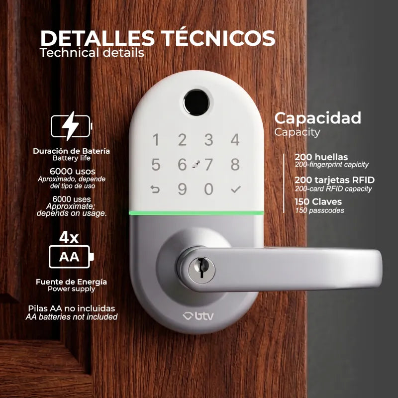 Cerradura Inteligente Neko Multimetodo BTV Blanco Huella Dactilar App WiFi Puerta Blindada Antiokupa - vista lateral