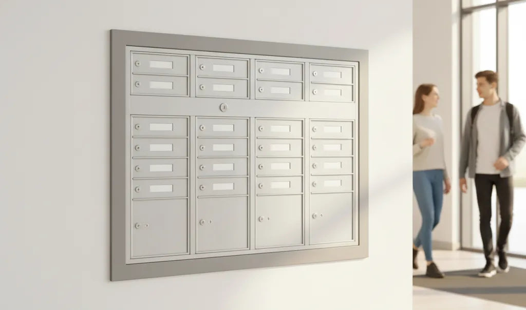 Panel de buzones metálicos para comunidad de vecinos en edificio moderno