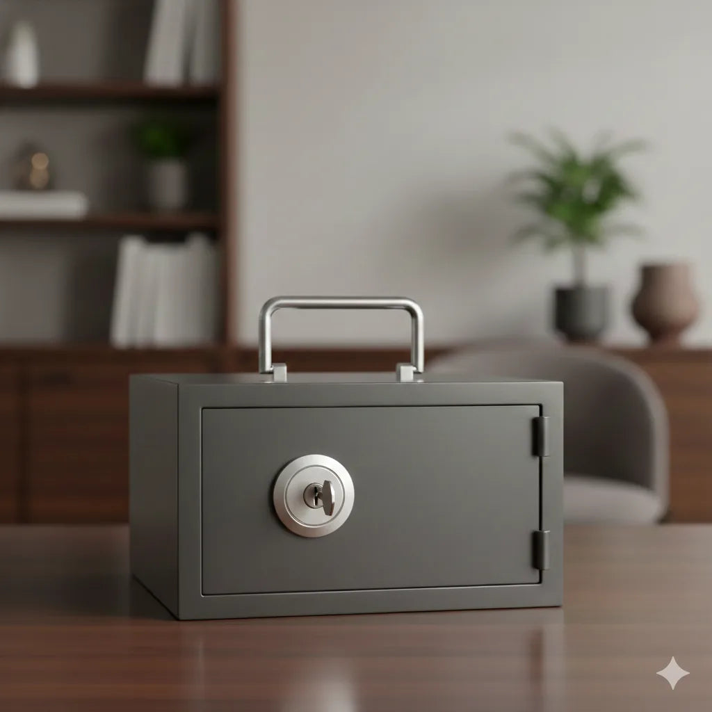 Caja de caudales portátil con cerradura de llave sobre mesa de oficina