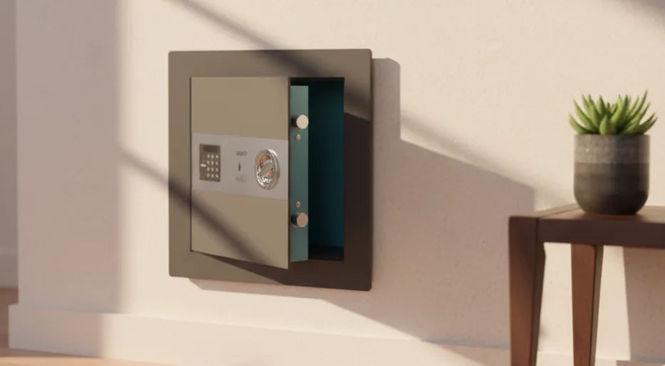 Caja fuerte empotrada en pared de hogar con decoración cálida