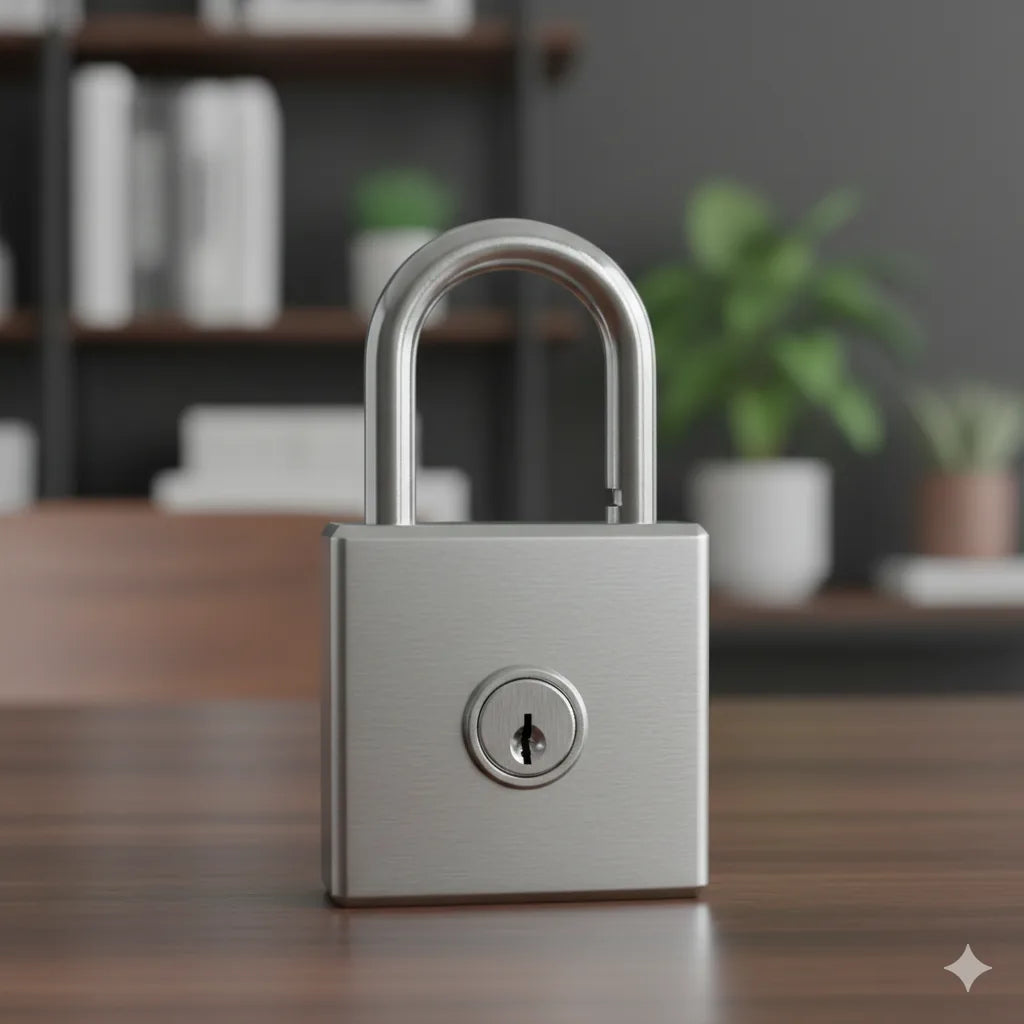 Candado de alta seguridad sobre mesa de oficina moderna